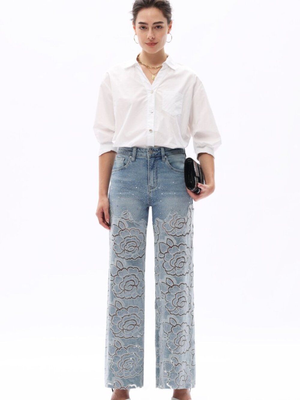 Velvet Cut Out Rhinestone High Rise Wide Leg Jeans - Picture 4 of 9